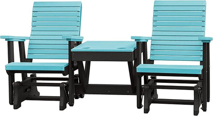 DutchCrafters Modern Horizontal Slat High Back Poly Double Glider Chairs with Center Table Outdoor Patio Furniture (Black & Aruba Blue)