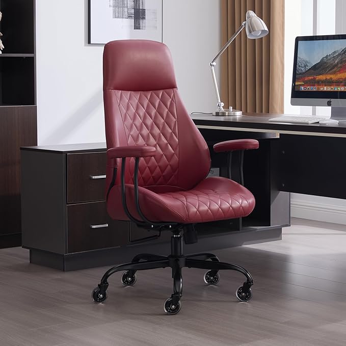 Home Office Desk Chair, Ergonomic High Back Leather Computer Chair with Lumbar Support, Adjustable Height & Recline, Swivel Executive Office Chair with Armrests and Rubber Casters, Red