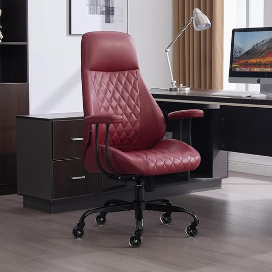 Home Office Desk Chair, Ergonomic High Back Leather Computer Chair with Lumbar Support, Adjustable Height & Recline, Swivel Executive Office Chair with Armrests and Rubber Casters, Red