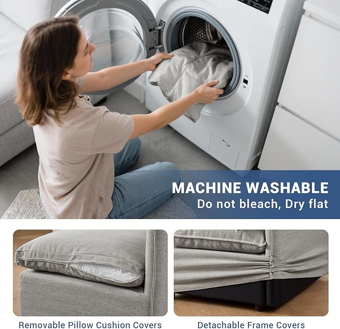 124" Cloud Modular Sectional Sofa, Waterproof Down Filled Sectional Couch, High Backrest L Shaped 4 Seater Couch with Ottoman, Modern Modular Sofas with Removable Cover, Light Gray
