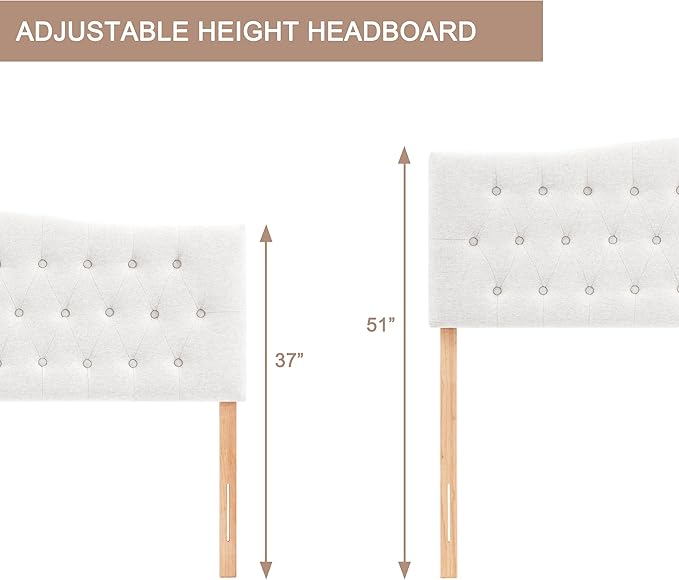 Tufted Upholstered Headboard Queen Size, Sturdy & Durable Solid Wood Bed headboard, Fabric Headboard Adjustable Height from 37” to 51”, Modern Button Diamond Design Head Board, White