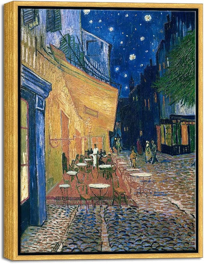 Wieco Art Framed Wall Art of Cafe Terrace at Night by Vincent Van Gogh Paintings Reproduction Abstract Canvas Prints for Home Living Room Decorations Bronze Gold Frame