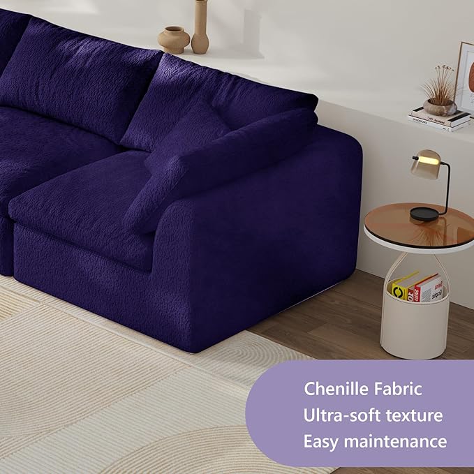 138" Boneless Cloud Couch Modular Sectional Sofa with Deep Seat for Living Room, L Shape Couch with Ottoman, Snowflake Cloth and 40D Memory Sponge，2 Throw Pillows (Purple, 4 Seater+1 Ottoman)