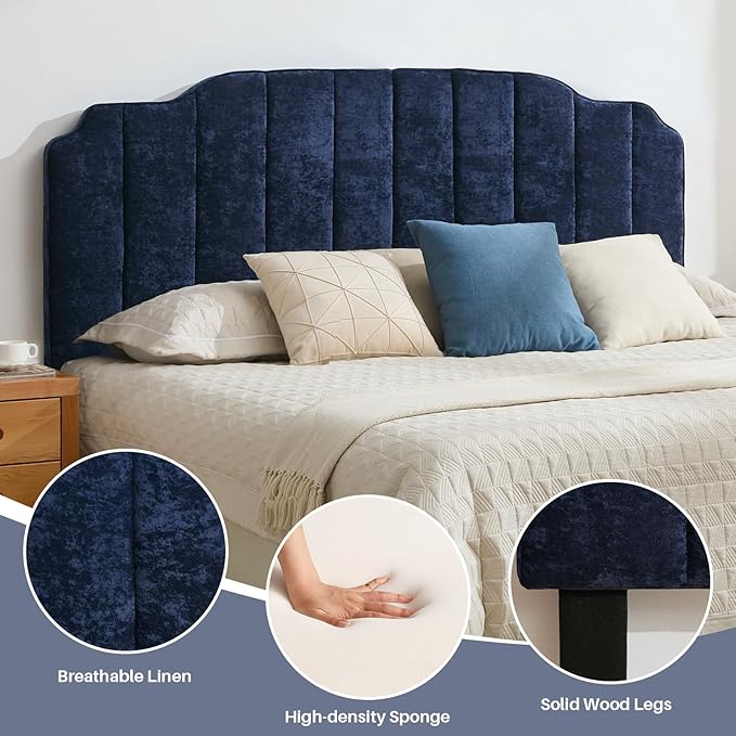 Queen Size Headboard Dark Blue Upholstered Headboard Adjustable Height&Width Chenille Headboards Modern Vertical Channel Design Bed Head Board, Dark Blue