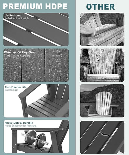 Adirondack Chair Set of 4, All Weather HDPE Fire Pit Chairs, Oversized Plastic Adirondack Chair for Outdoor, Balcony, Deck, Backyard, Patio, Garden, Poolside, Lawn Grey