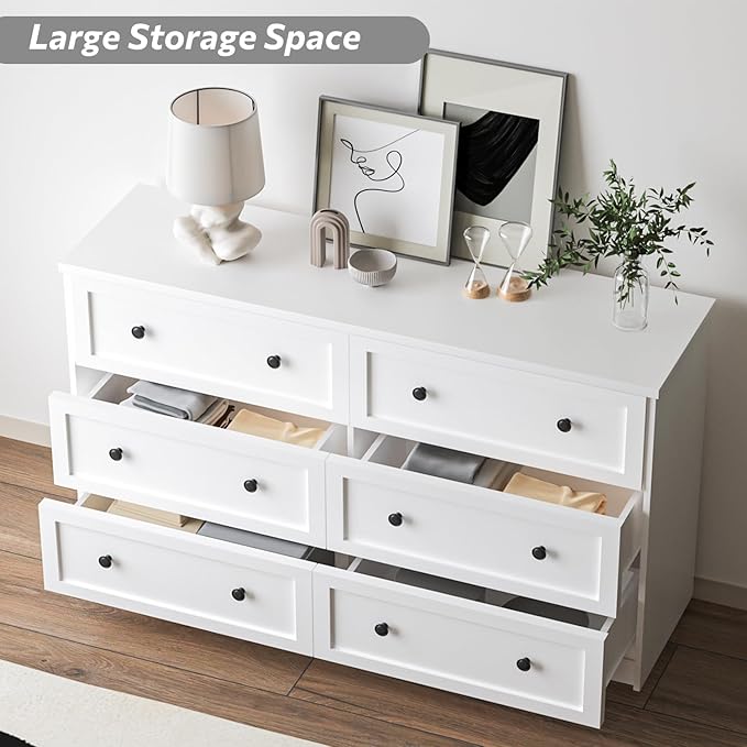 6 Drawer Double Dresser for Bedroom, 55.1" Wide Dressers & Chests of Drawers with Large Capacity Storage,White Dresser for Bedroom,Hallway,White
