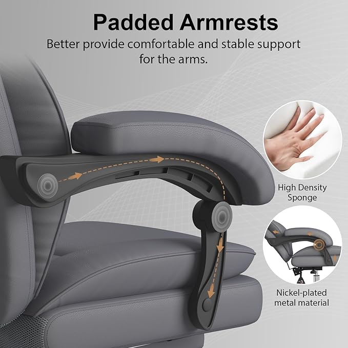 Big and Tall Office Chair, Executive Home Office Desk Chair, Leather Computer Chair with Retractable Footrest, Adjustable Headrest and Reclining Height, Padded Arms, 360°Swivel Free, Wide Seat, Gray