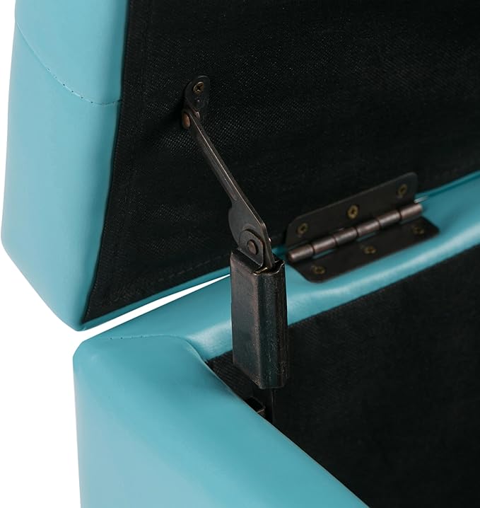 SIMPLIHOME Cosmopolitan 34 inch Wide Transitional Rectangle Storage Ottoman in Soft Blue Vegan Faux Leather, Assembled, For the Living Room, Entryway and Family Room