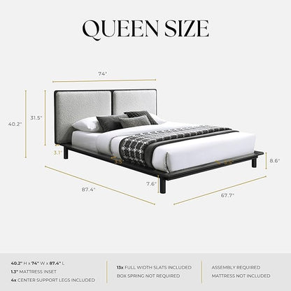 Nord Queen Size Wood Platform Bed | Box Spring Not Required | Black Frame and Cream Beige Boucle