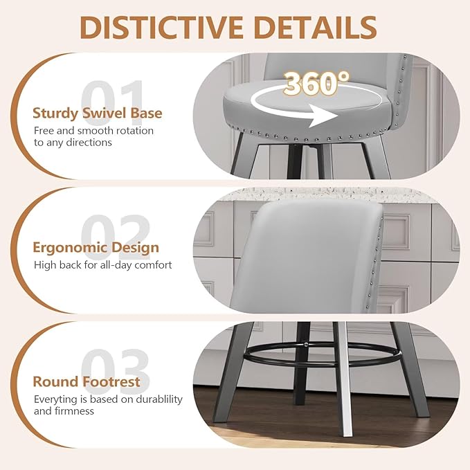 MINCETA Bar Stools Set of 2, PU Leather Barstools, 26 Inch Upholstered Counter Stools with High Back and Footrest, Swivel Counter Height Barstools for Kitchen Island Home Bar Light Gray