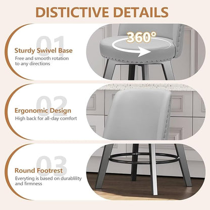 MINCETA Bar Stools Set of 2, PU Leather Barstools, 26 Inch Upholstered Counter Stools with High Back and Footrest, Swivel Counter Height Barstools for Kitchen Island Home Bar Light Gray