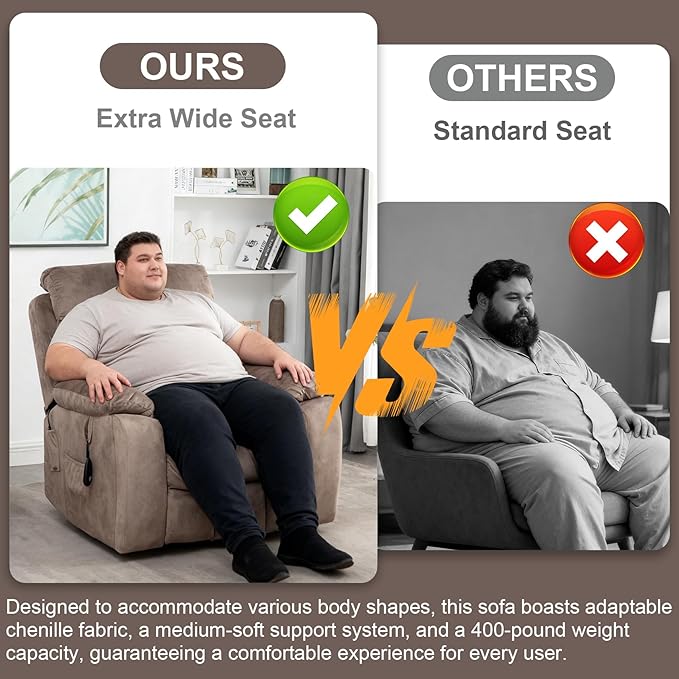 Oversized Lift Recliner Chairs for Elderly, 26in Extra Wide Power Chair with Massaga and Heating, Large Electric Lay Flat Recliners Sofa for Big and Tall Adult Lounging, Velvet Light Brown