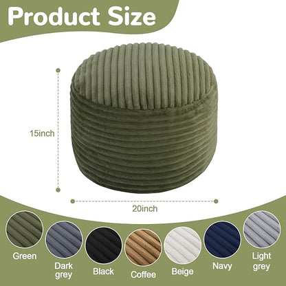 MeMoreCool Stuffed Round Pouf Ottoman Foot Rest, Soft Plush Floor Pouf Foot Stool, Corduray Footstool Footrest, Small Round Ottoman for Living Room Couch Sofa Chair, 20x15 Inch Green