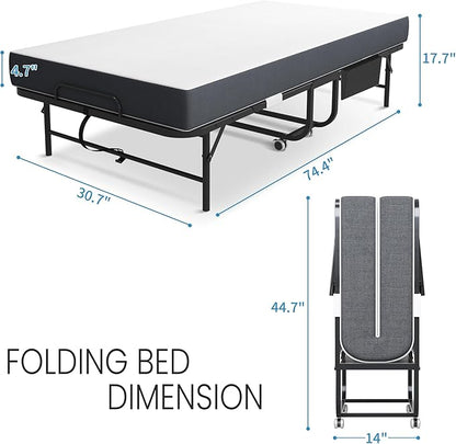 Folding Bed with Mattress for Adults, 75" x 31" Foldable Bed with Side Pocket, Twin Size Metal Bed Frame with Wheels, Portable Rollaway Bed for Guest, Travel