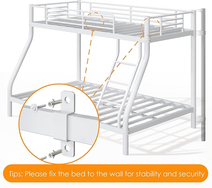 Bunk Beds Twin Over Full Size, Heavy Duty Metal Bunk Bed Frame with Angled Ladder for Teens and Adults, for Spaces-Saving, Smooth Rounded Edges, Noise Free & Easy Assembly, White