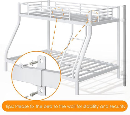 soges Twin Over Full Bunk Bed, Heavy Duty Sturdy Bunk Beds with Ladder & Guardrail, Space-Saving Metal Bed Frame for Teens Adults, White