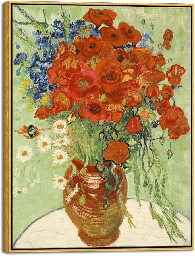 Wieco Art Large Framed Wall Art of Red Poppies and Daisies by Van Gogh Paintings Reproduction Abstract Canvas Prints for Home Living Room Decorations Bronze Gold Frame