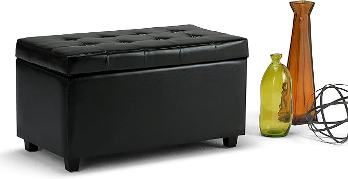 SIMPLIHOME Cosmopolitan 34 inch Wide Transitional Rectangle Storage Ottoman in Midnight Black Vegan Faux Leather, Assembled, For the Living Room, Entryway and Family Room