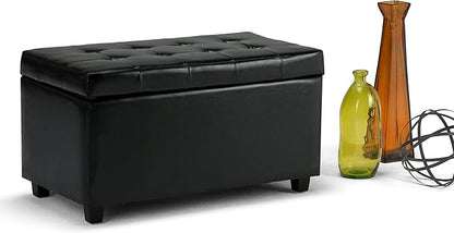 SIMPLIHOME Cosmopolitan 34 inch Wide Transitional Rectangle Storage Ottoman in Midnight Black Vegan Faux Leather, Assembled, For the Living Room, Entryway and Family Room