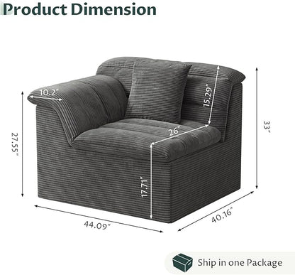 44" Cloud Sectional Couch with Single Arm, Modern Compressed Sofa, Comfy Sleeper Sofa, Corduroy Upholstered Couches for Small Space/Apartment, No Assembly Required, Dark Gray, Left Side