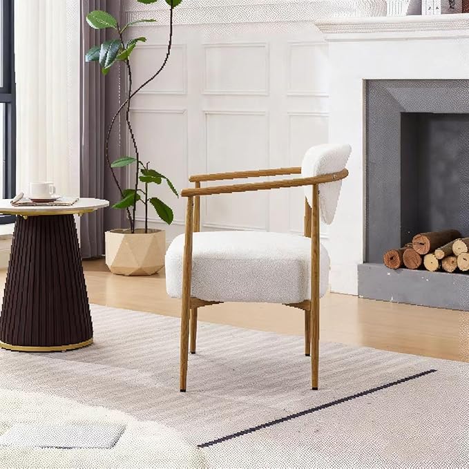 Modern Accent Chair, White Teddy Velvet Armchair with Wood Grain Metal Frame, Comfortable Single Seating for Living Room, Dining Room, Bedroom, and Cafe, 24.8" W x 24.8" D x 29.1" H