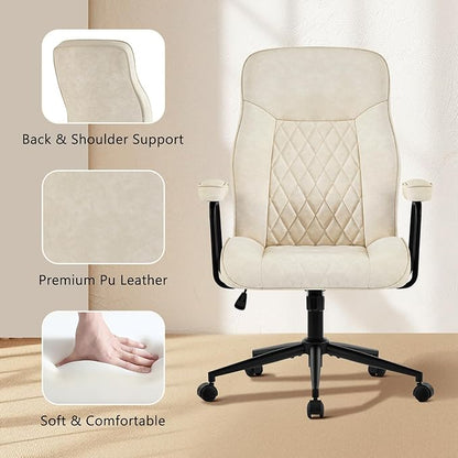 Leather Home Office Desk Chairs, Comfy Office Chair, Mid Century Modern Office Chair with Lumbar Support, Mid-Back Adjustable Swivel Computer Chair with Wheels and Arms, Beige