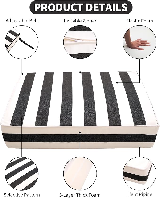 Outdoor Seat Cushions Set for Patio Furniture Deep Seating Patio Cushion Set Weather-Resistant Thick Cushions 25.6" W x 25.6" D x 5”T,Black Stripes