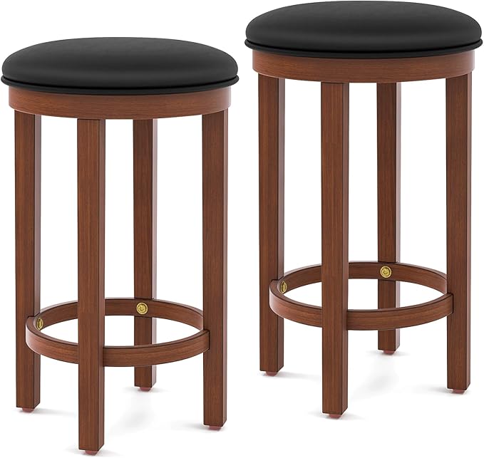COSTWAY Upholstered Bar Stools Set of 2, 25” Counter Height Bar Chairs with Padded Cushion & Wooden Frame, Faux Leather Backless Stools for Kitchen, Dining Room, Pub, Black + Walnut