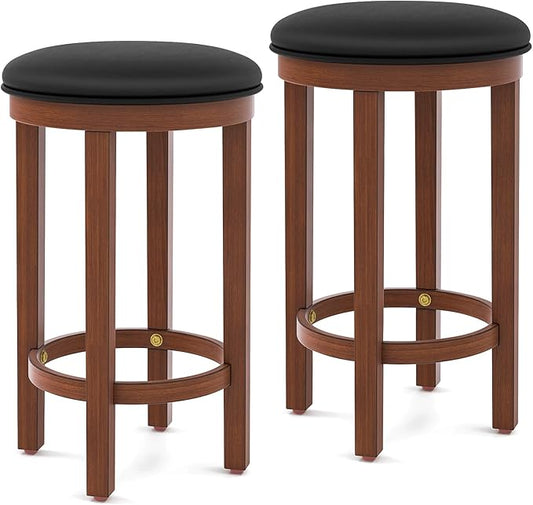 COSTWAY Upholstered Bar Stools Set of 2, 25” Counter Height Bar Chairs with Padded Cushion & Wooden Frame, Faux Leather Backless Stools for Kitchen, Dining Room, Pub, Black + Walnut
