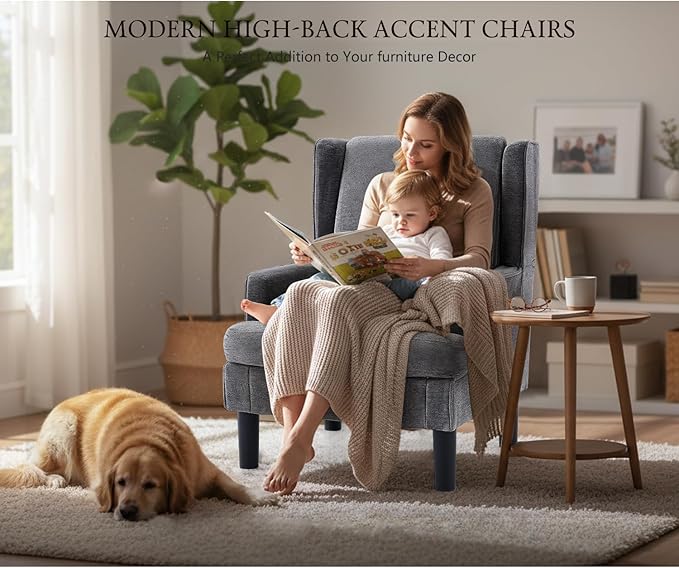 Modern Accent Chair for Living Room Chairs Upholstered Oversized Reading Chair Accent Chairs for Living Room Chair Arm Chair with High Back and Wood Legs,Armchair Comfy Chair for Bedroom(Grey)