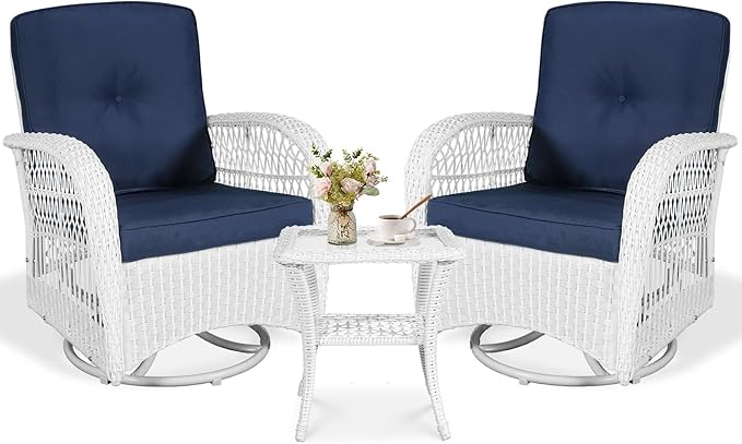 VIVIJASON 3-Piece Patio Conversation Bistro Set, Outdoor Swivel Glider Rocking Chairs Rattan Furniture Set w/ 2 Rattan Chairs, Glass Top Side Table for Porch Backyard, White - Navy Blue