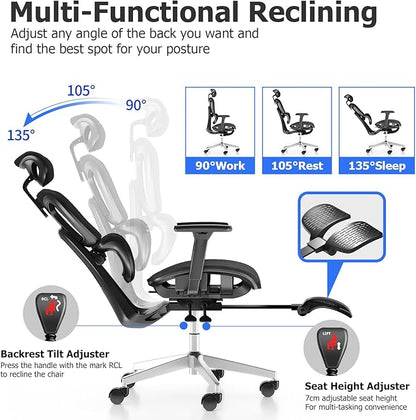PatioMage Ergonomic Office Chair, Big and Tall Desk Chair with Adjustable Lumbar Support & Seat Depth, High Back Computer Chair, Swivel Mesh Chairs with Wheels for Home Office, Black