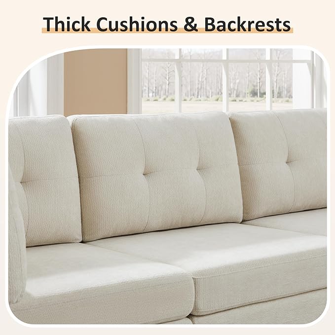 VANOMi 4 Seat Modular Sectional Sofa with Ottoman, 118" Cloud Sofas & Couches, Cozy Chenille Sectional Couches for Living Room, Apartment, Office, Beige, L Shaped