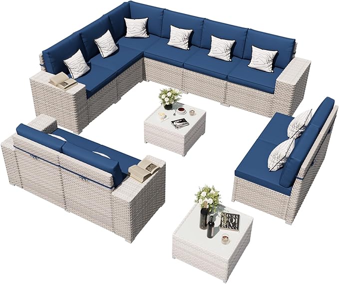 12-Piece Patio Furniture Set, Outdoor Extra Wide Armrest Modular Patio Sofa, Dual-Strand Rattan Wicker, Rust-Resistant Frame, Backyard High Back, Large Seat Furniture for Porch Garden Balcony, Blue