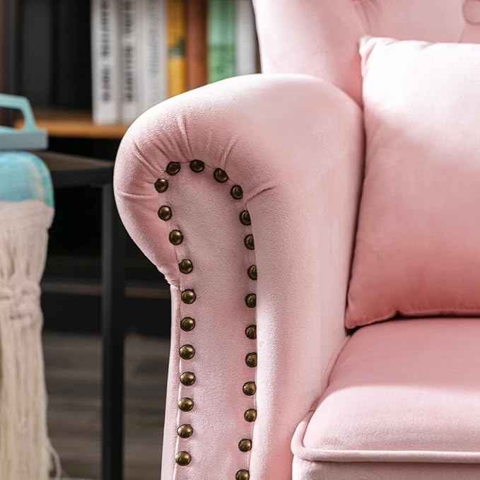 Accent Reading Arm Chairs for Living Room Bedroom, Midcentury Modern Comfy Corner Sofa Chair, Wingback Waiting Room Club Chair with Button Tufted Back &Lumbar Pillow, Velvet Pink