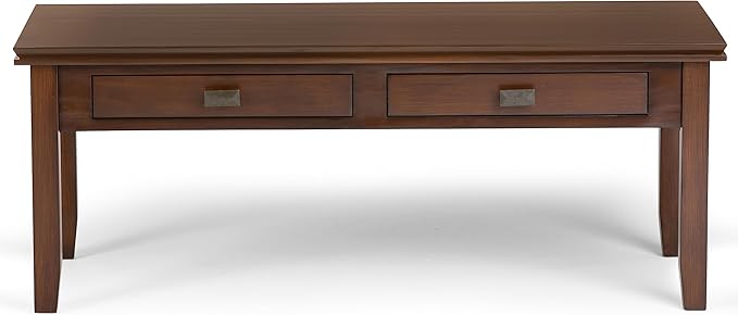 SIMPLIHOME Artisan Coffee Table - 46 inch Wide Solid Wood Transitional Cocktail Table in Russet Brown, Classic Living Room Table with 2 Drawers, Open Shelf, and Square Brushed Nickel Knobs