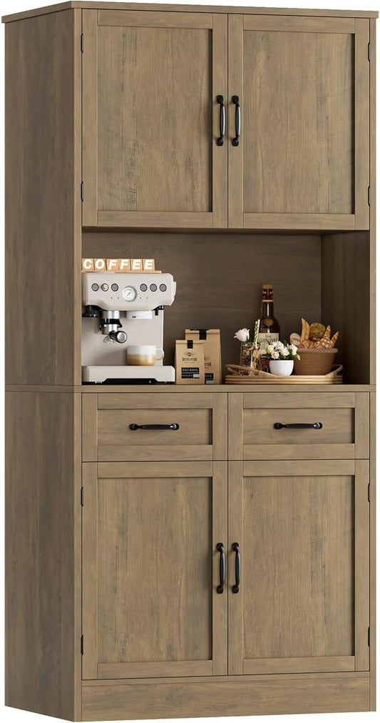 HOSTACK 71“ Tall Kitchen Pantry Storage Cabinet, Modern Kitchen Hutch Bar Cabinet with Microwave Stand, Wood Buffet Sideboard with Hutch, Cupboard with Drawers, Shelves for Dining Room, Rustic Brown