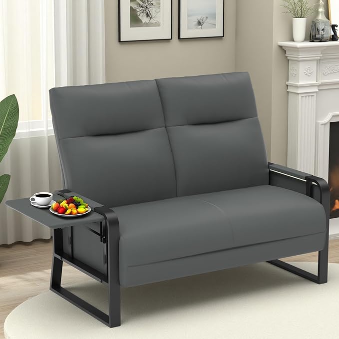 Faux Leather Loveseat Couch for Living Room Bedroom Office, Small Sofa 2 Seater Couch with Flip Up Tray Table Side Pockets Leather Loveseats, Gray