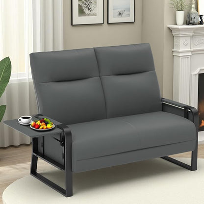 Faux Leather Loveseat Couch for Living Room Bedroom Office, Small Sofa 2 Seater Couch with Flip Up Tray Table Side Pockets Leather Loveseats, Gray