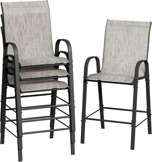 Amopatio Outdoor Bar Stools Set of 4, High Back Outdoor Bar Chairs, All-Weather Textile Bar Height Patio Chair, Sturdy Patio Bar Stools for Backyard, Porch, Light Grey