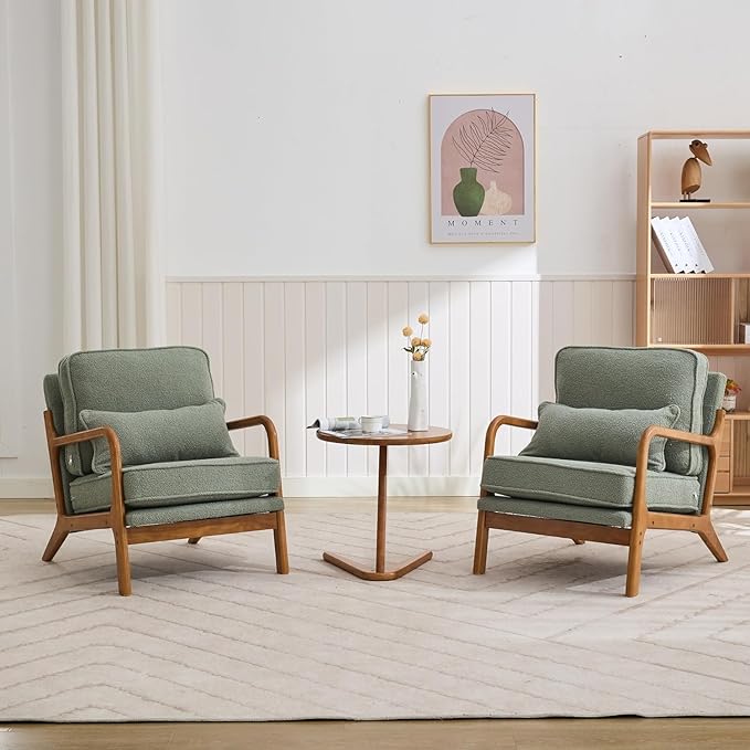 Mid-Century Accent Chair,Sherpa Fabric Lounge Chair with Wide Armrest,Sherpa Fabric Armchair with Lumbar Pillow & Solid Wood Frame for Living Room, Bedroom, Balcony (Green)