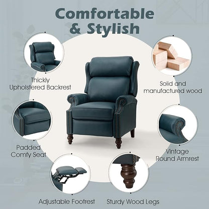 HULALA HOME Genuine Leather Recliner Chair, Traditional Manual Pushback Comfy Seating for Living Room, Thick Cushion & Solid Wood Legs, Wingback Recliner with Nailhead Trim, Turquoise-S2