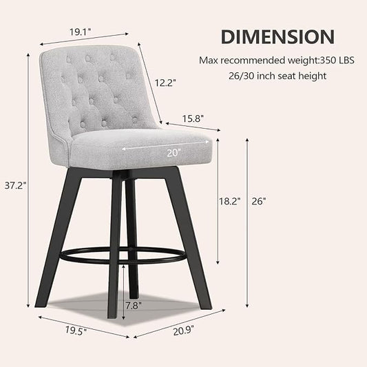 MINCETA Bar Stools Set of 2, 26 Inch Upholstered Barstools with Low Tufted Back and Footrest, Swivel Counter Height Barstools for Kitchen Island Home Bar Performance Fabric Greige