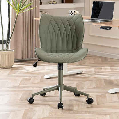 YOUNUOKE Armless Desk Chair Comfy Office Chair with Wheels Home Ergonomic Task Chair Adjustable Computer Chairs Modern Faux Leather Swivel Chair Upholstered Makeup Vanity Chair with Back(Olive Green)