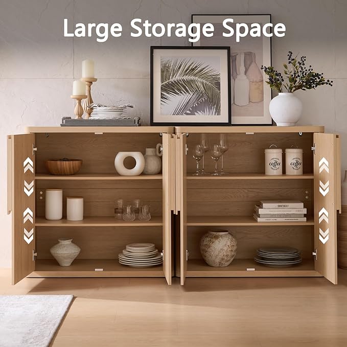 69'' Sideboard Buffet Cabinet W/Storage, Modern Accent Cabinets W/Curved Handles & Adjustable Shelves, 4 Doors Coffee Bar Buffet Table Credenza for Living Room Kitchen Hallway, Natural