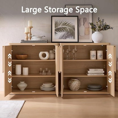 69'' Sideboard Buffet Cabinet W/Storage, Modern Accent Cabinets W/Curved Handles & Adjustable Shelves, 4 Doors Coffee Bar Buffet Table Credenza for Living Room Kitchen Hallway, Natural