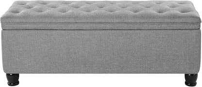 SONGMICS Storage Ottoman, Storage Bench, Tufted Entryway Bedroom Bench, 17.7 x 46.5 x 17.7 Inches, Hinges Easy Lid Operation, Wooden Legs, Linen-Look Cover, Loads 330 lb, Light Gray ULOM070G02