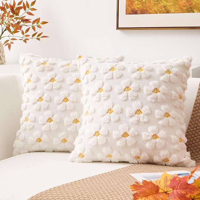 Kevin Textile Fall Floral Pillow Covers 18x18 Inch Set of 2 Cute Flowers Embroidery Decor Soft Plush Faux Fur Throw Pillows Pillowcases for Holiday Harvest Decor Sofa Couch Bedroom, Cream White
