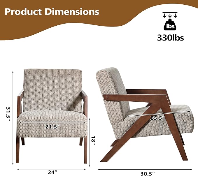 Bonzy Home Mid-Century Modern Accent Chair with Wood Frame, Upholstered Armchair for Bedroom & Living Room, Linen Fabric Cushion, Z-Shaped Armrest Design, Sturdy Lounge Chair,Brown
