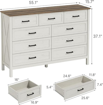 LYNSOM Farmhouse 9 Drawer Dresser for Bedroom, 55 Inch Wide Wood Rustic Chest of Drawers with X-Marking & Bar Handle, Large Storage Dressers Organizer for Bedroom, Living Room, Antique White